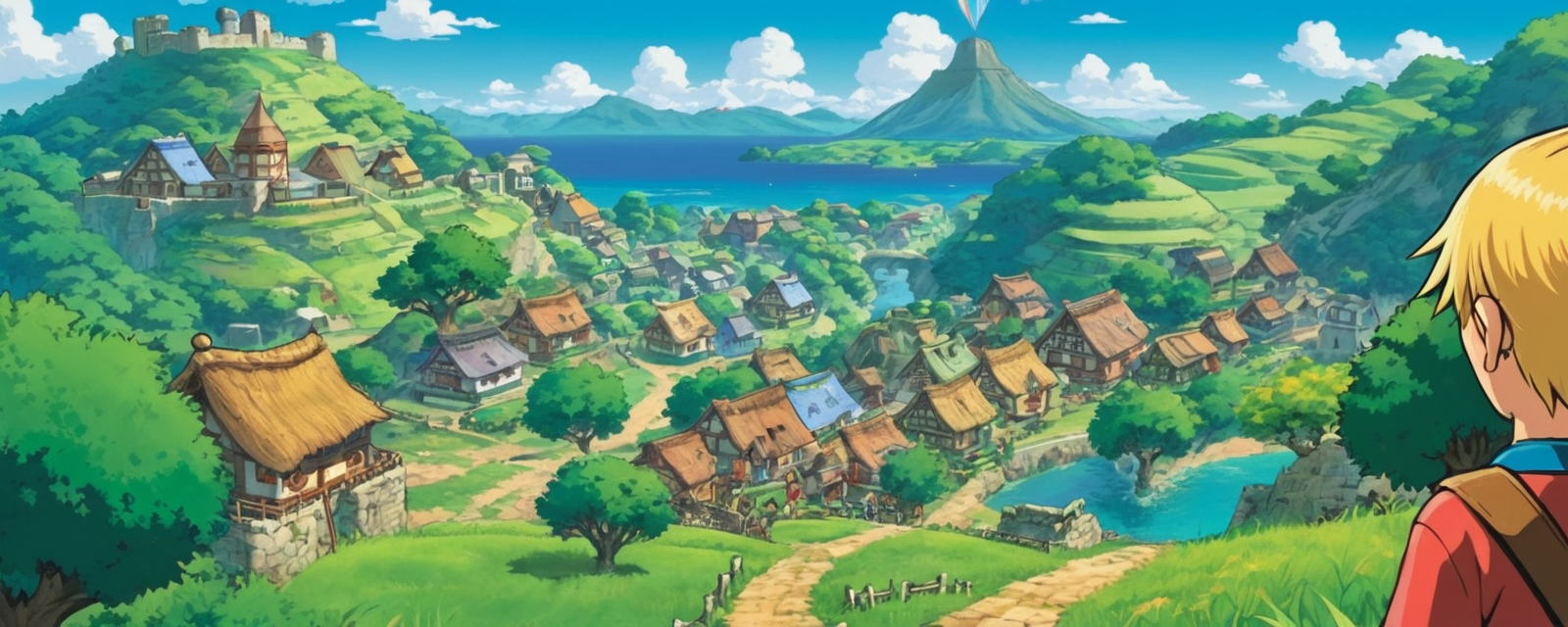 A young hero looking at a landscape with mountains, villages and seas.